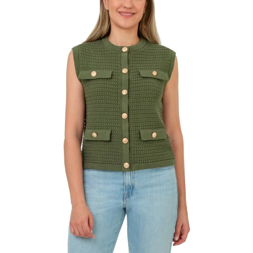 BLANKNYC Womens Sleeveless Sweater Vest Olive Gold Buttons Old Money Style